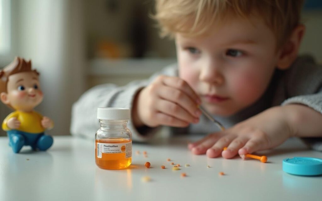 Un enfant prenant du doliprane et de l'amoxicilline avec des médicaments sur la table.
