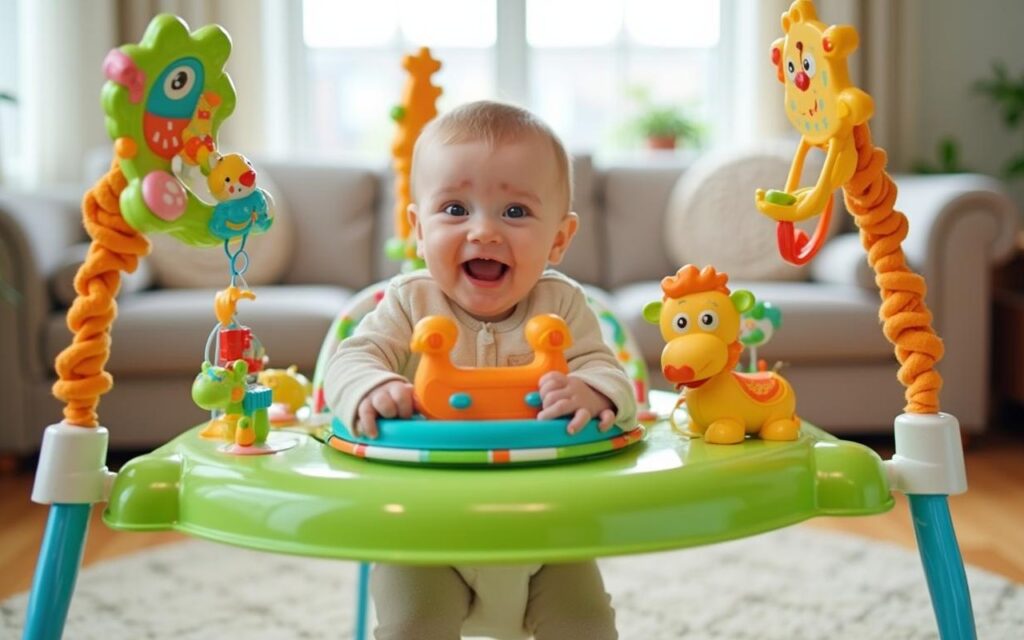 Bébé s'amusant dans un Jumperoo coloré avec des jouets interactifs.
