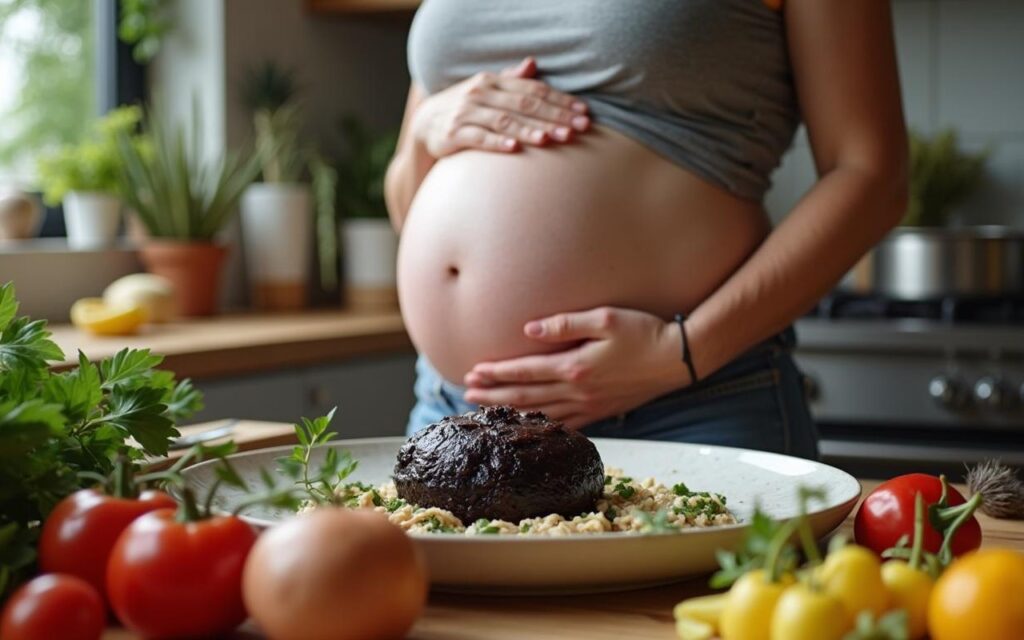 Femme enceinte préparant un plat avec du boudin noir dans une cuisine moderne.