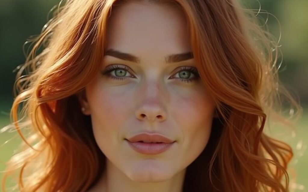 Femme avec des cheveux acajou cuivré brillants au soleil, mettant en valeur la couleur.