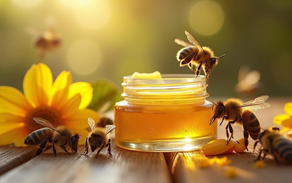 Crème au venin d'abeille sur une table en bois avec des fleurs et des abeilles, évoquant les soins naturels.