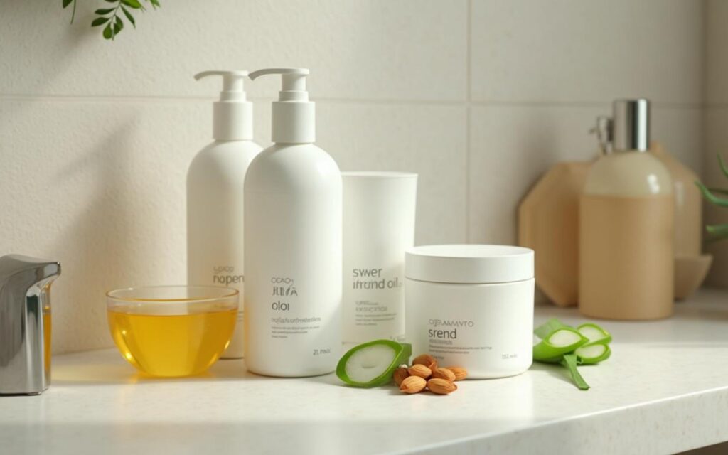 Produits de crème épilatoire sur un comptoir de salle de bain moderne avec des ingrédients naturels.