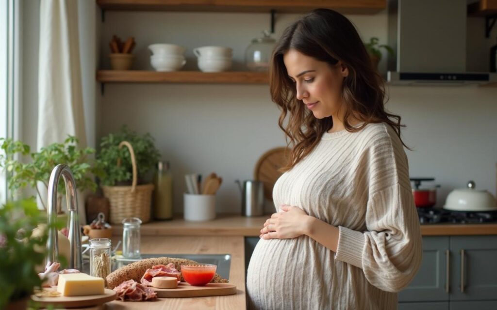 Femme enceinte examinant des aliments sains dans une cuisine moderne.