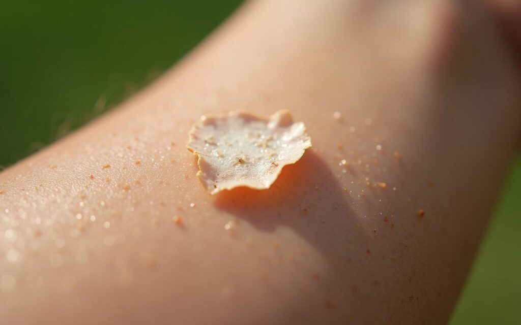 Grain de beauté sec sur la peau, illustrant l'importance de la vigilance dermatologique.