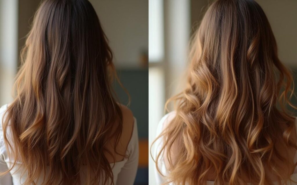 Transformation des cheveux abîmés en cheveux brillants grâce à l'huile d'argan.