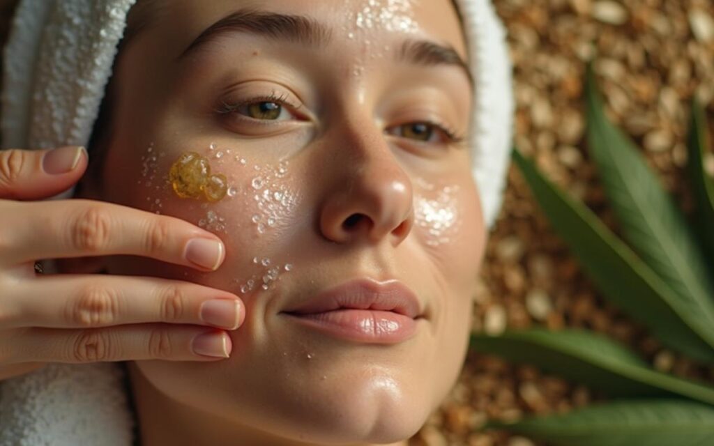 Application d'huile de chanvre sur un visage radieux, mettant en avant ses bienfaits pour la peau.