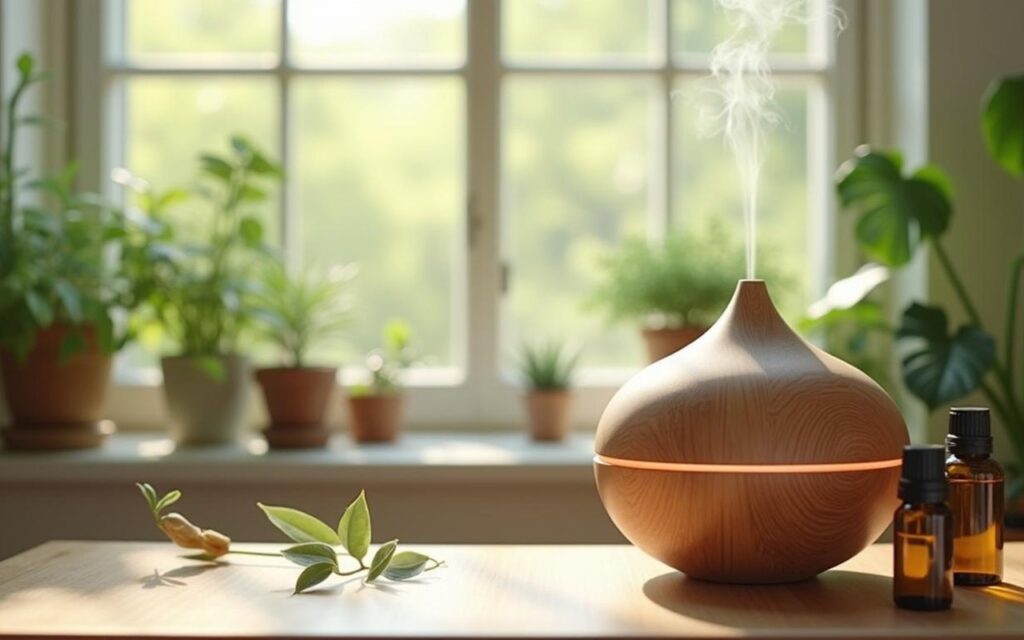 Diffuseur d'huiles essentielles en bois avec des plantes et des flacons sur une table, ambiance relaxante.