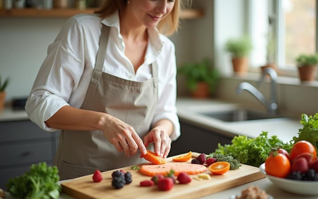 Femme préparant un repas sain avec des aliments anti-inflammatoires dans une cuisine lumineuse.
