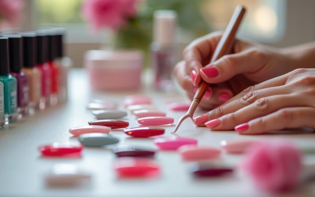 Manucure en gel couleur avec une palette de teintes sur une table de salon de beauté.