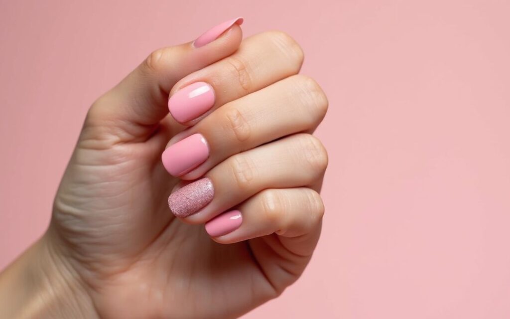 Main avec ongles rose poudré en différentes finitions sur fond élégant.