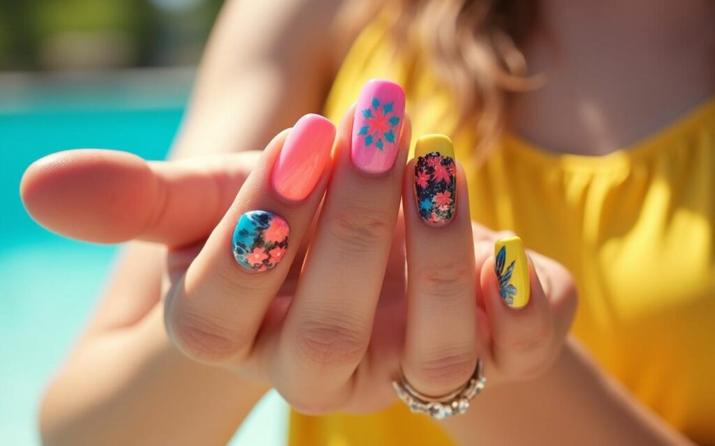 Ongles flashy été 2025 avec des couleurs néon et des motifs créatifs.