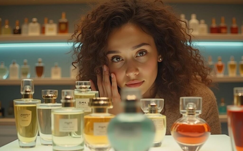 Personne découvrant des échantillons de parfum dans une parfumerie.