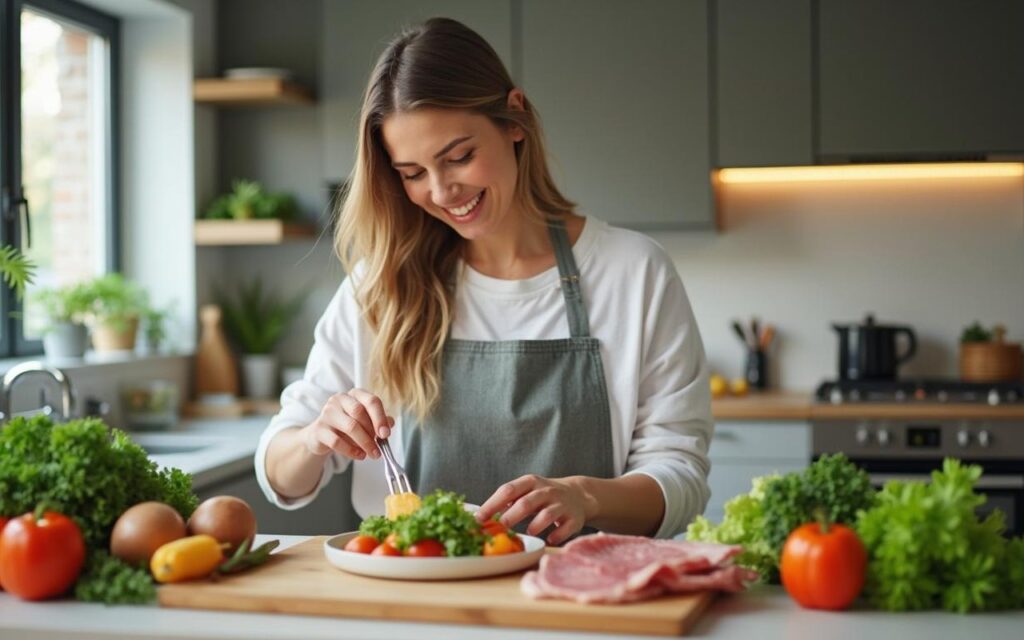 Femme préparant un repas sain dans une cuisine moderne après le retrait de l'implant contraceptif.