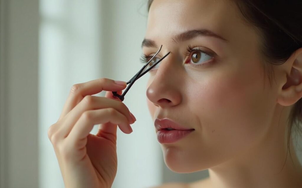 Femme coupant des poils du nez avec des ciseaux dans un miroir, méthode sécuritaire.