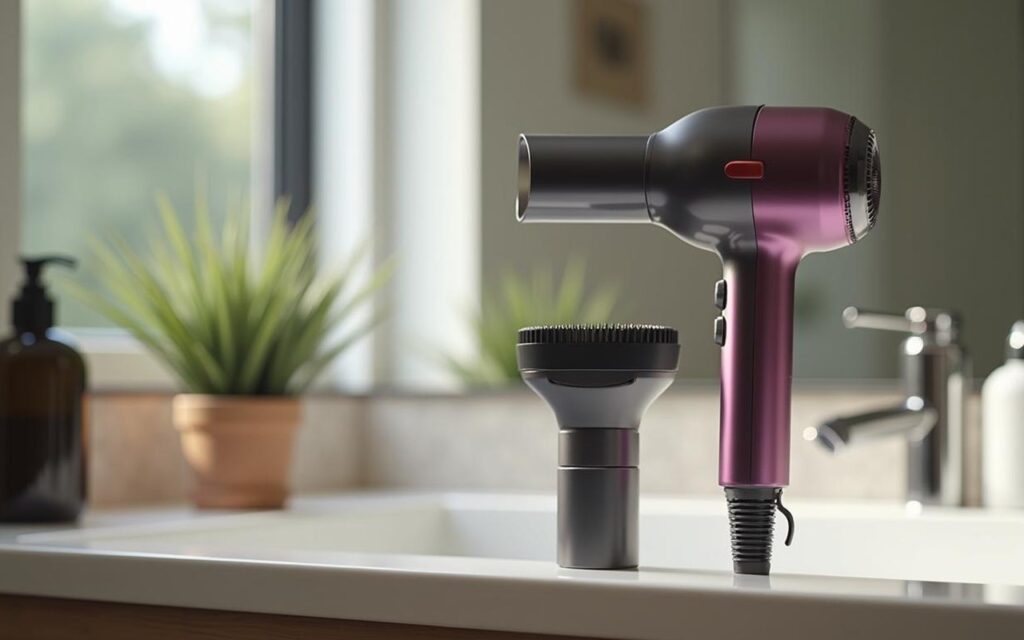 Sèche-cheveux Dyson Supersonic avec embouts interchangeables dans une salle de bain moderne.