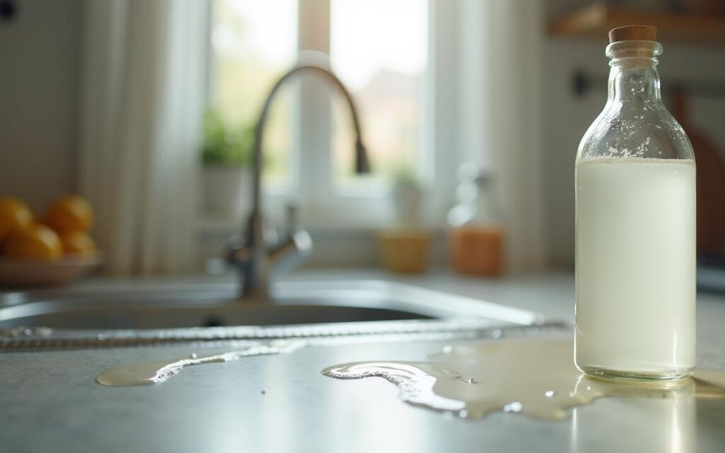 Flacon de vinaigre blanc renversé dans une cuisine, danger pour les yeux.