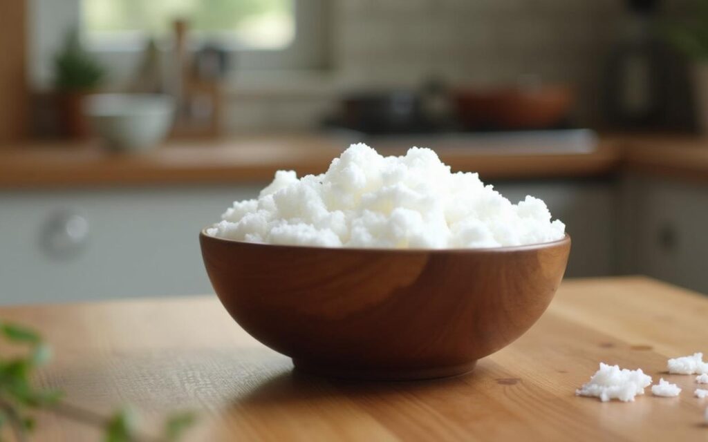 Bol de mousse blanche sur une table, illustrant des vomissements.