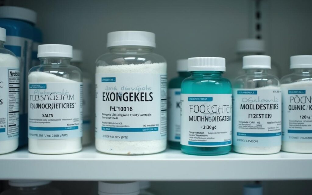 Différents types de cétones exogènes en pharmacie sur une étagère.