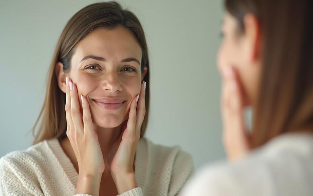 Femme pratiquant des exercices faciaux pour prévenir les bajoues devant un miroir.
