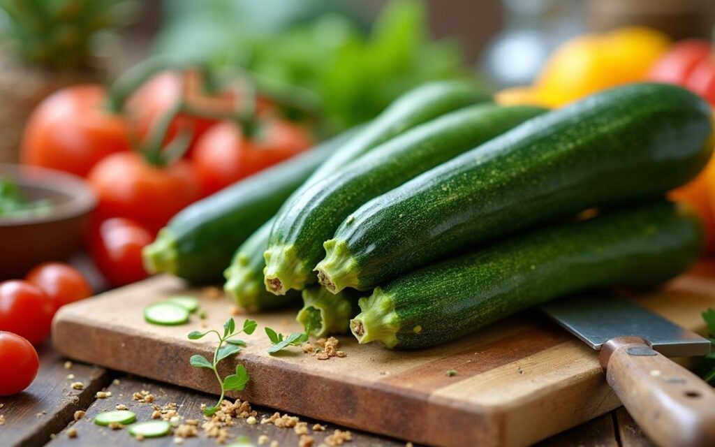 Courgette fraîche entourée d'ingrédients sains sur une planche à découper.