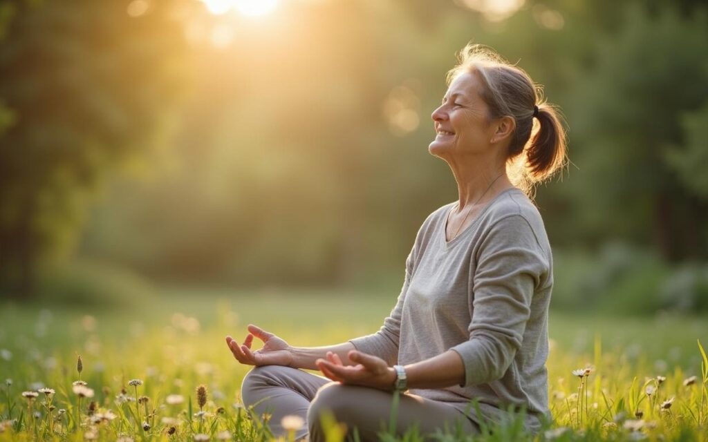 Femme mature méditant dans un cadre naturel pour le bien-être pendant la ménopause
