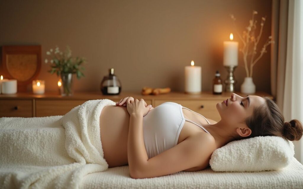 Femme enceinte se relaxant lors d'un massage prénatal, ambiance apaisante.
