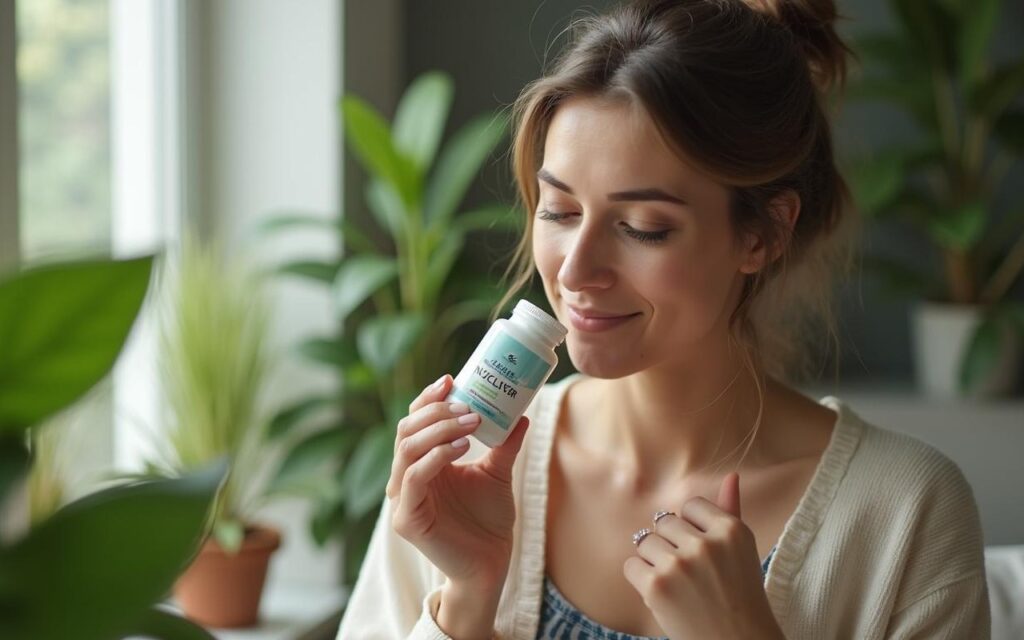 Femme détendue prenant un complément Nuclever dans un environnement apaisant.
