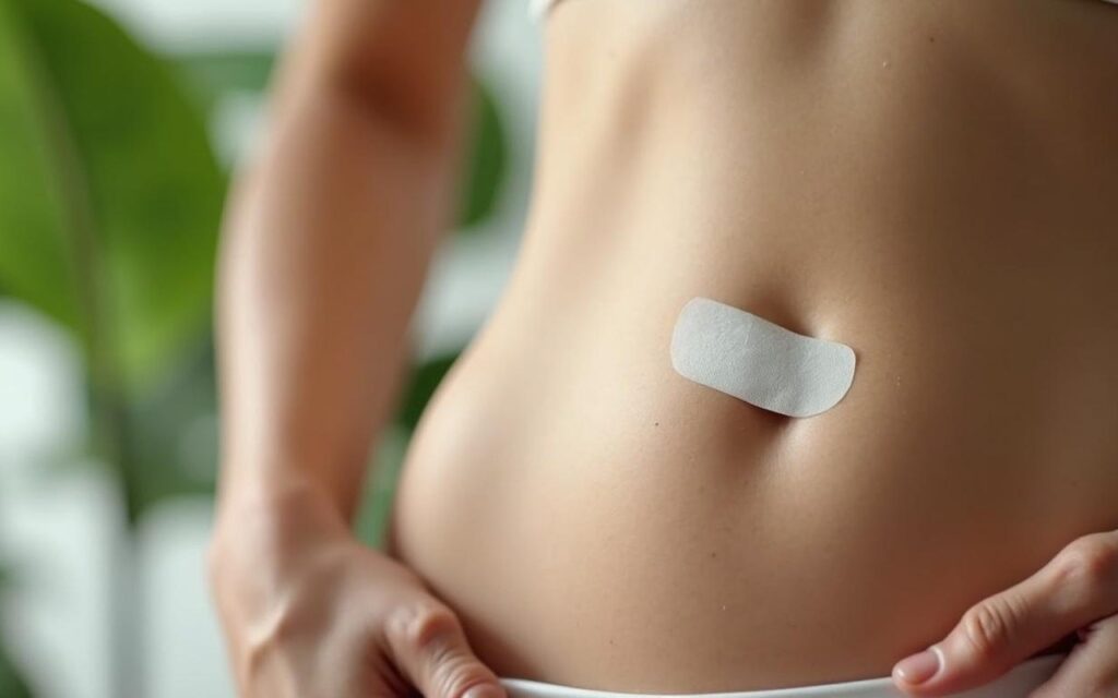 Patch minceur sur la peau avec des ingrédients naturels en arrière-plan.
