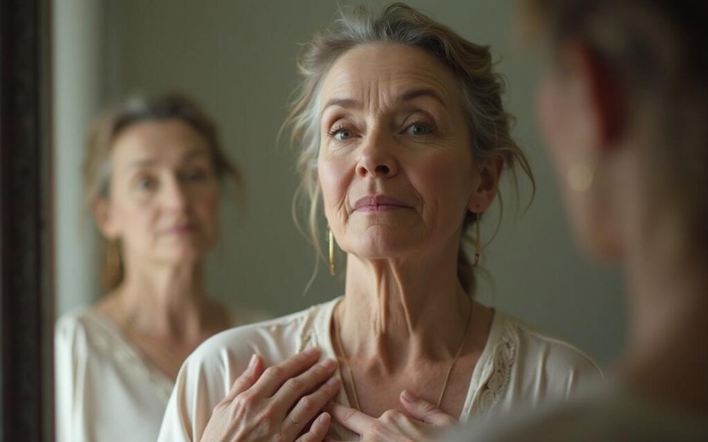 Femme d'âge mûr réfléchissant sur les changements de son corps à la ménopause