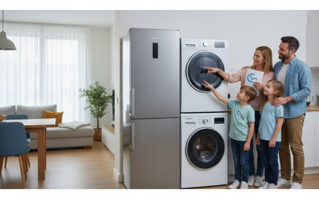 Famille examinant des appareils électroménagers dans leur logement, représentant l'aide CAF.