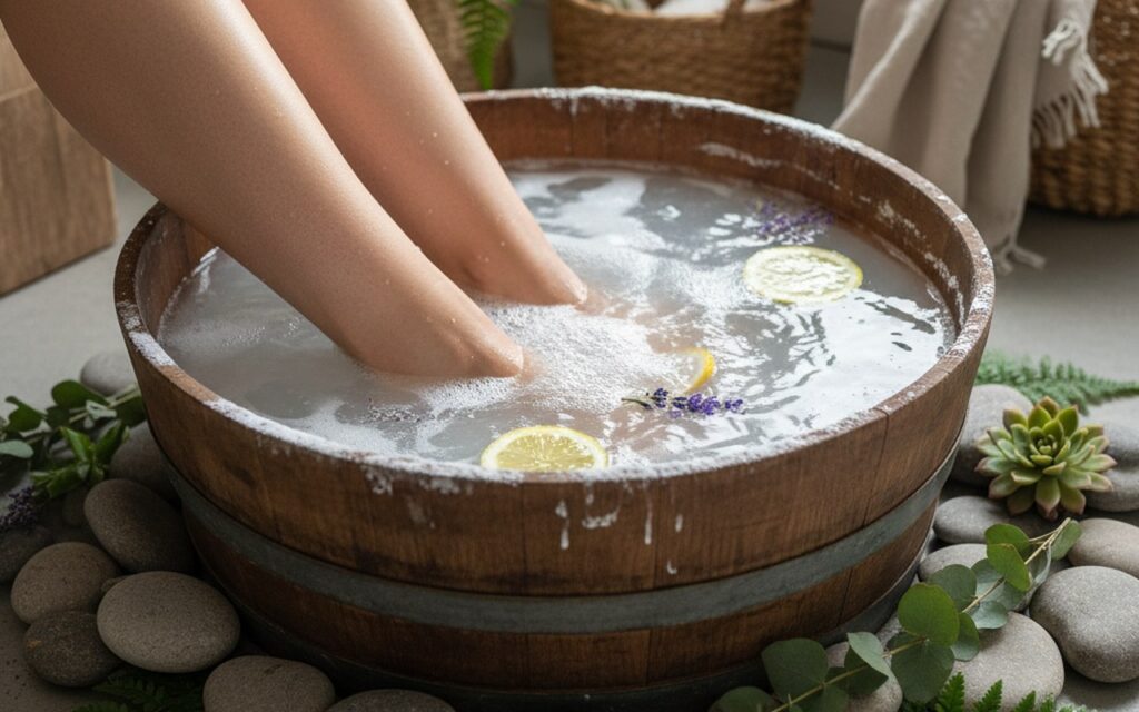 Bain de pieds relaxant avec bicarbonate de soude et éléments naturels