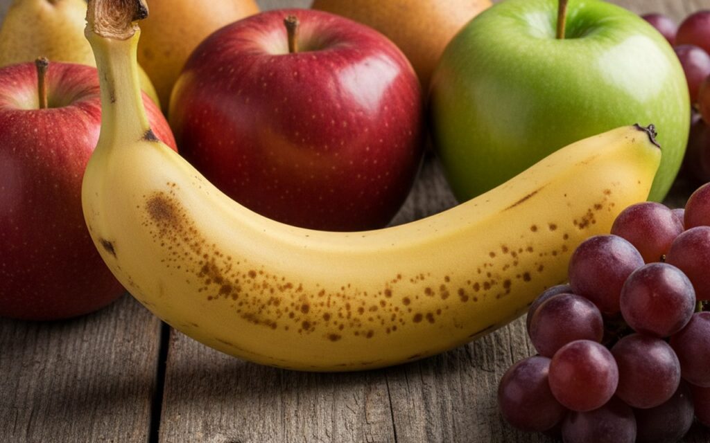 Banane mûre sur une table en bois, entourée de fruits variés.