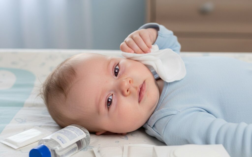 Bébé avec les yeux rouges et des soins d'hygiène pour la conjonctivite.