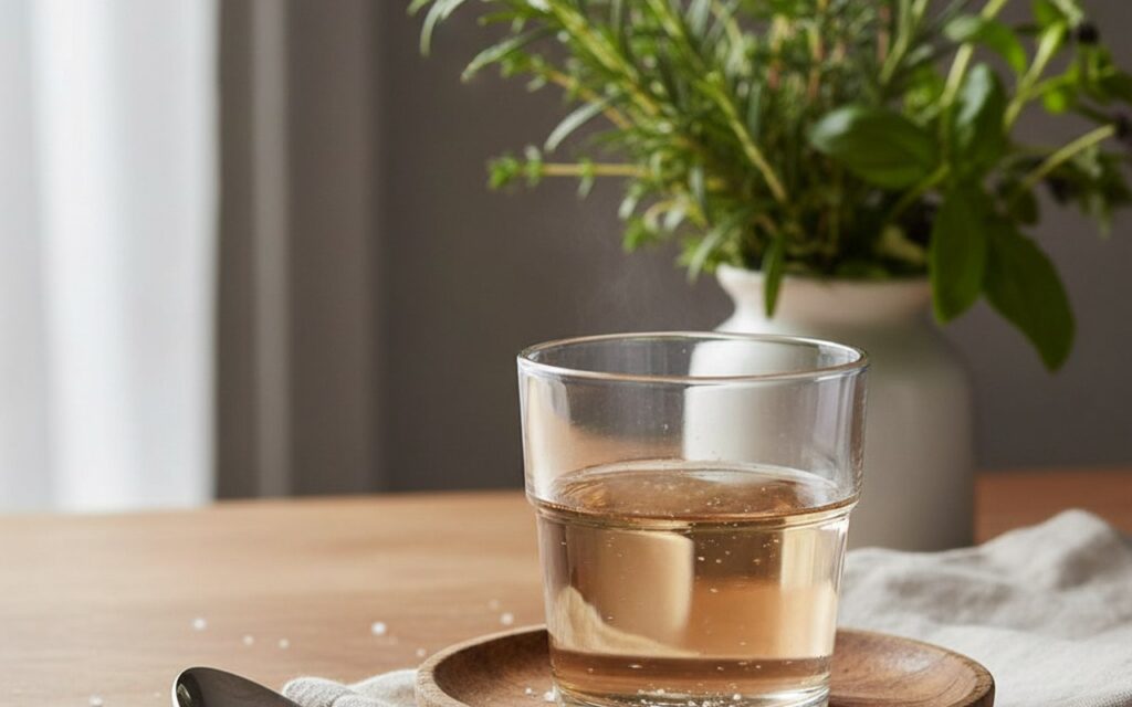 Verre d'eau tiède avec du sel dissous, symbole de remède naturel pour le mal de gorge.