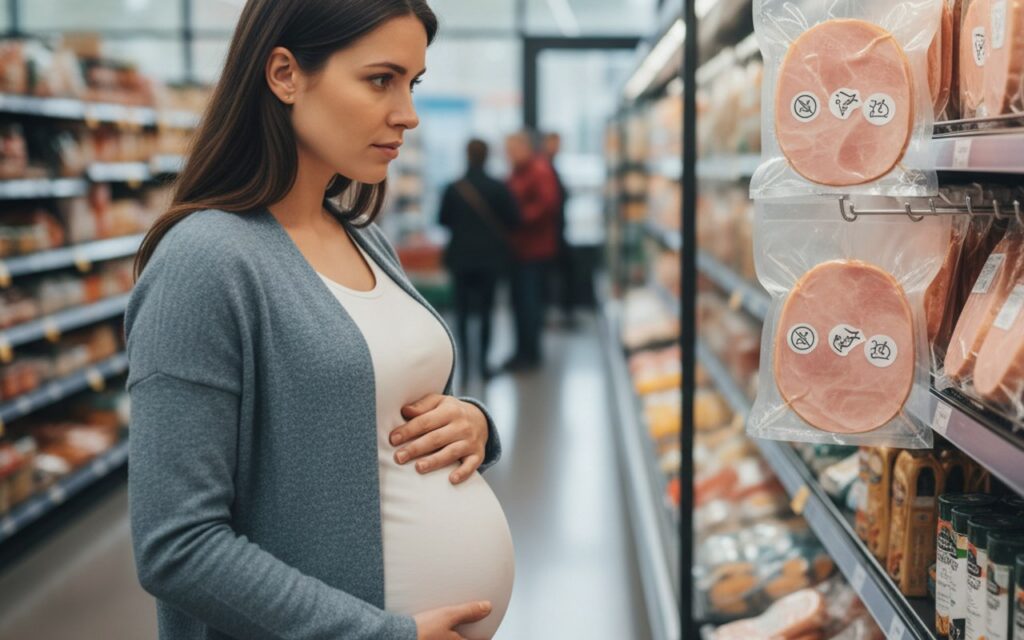 Femme enceinte choisissant du jambon blanc en supermarché pour une consommation sécurisée.