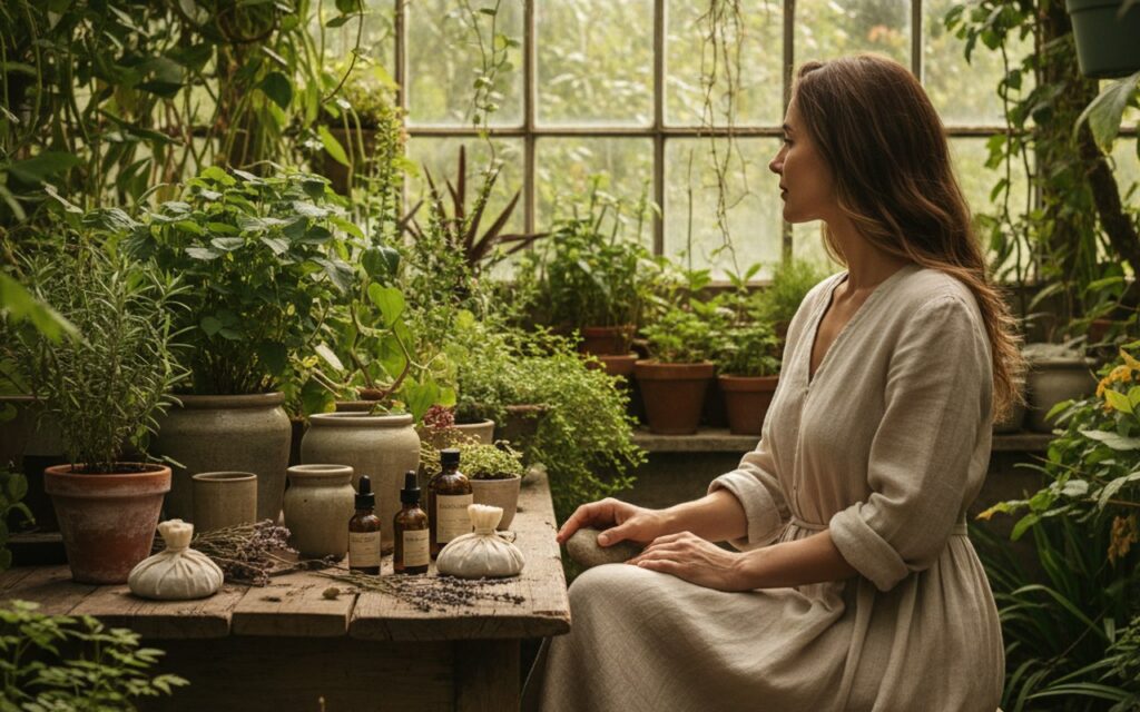 Femme examinant des probiotiques pour la flore intime dans un cadre naturel.