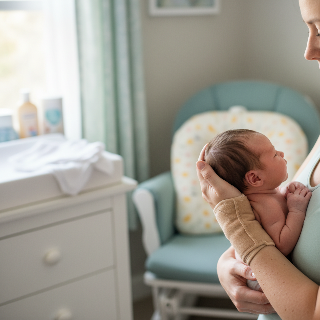 Illustration réaliste sur Tendinite du poignet chez les mamans : causes liées aux soins du bébé et solutions simples