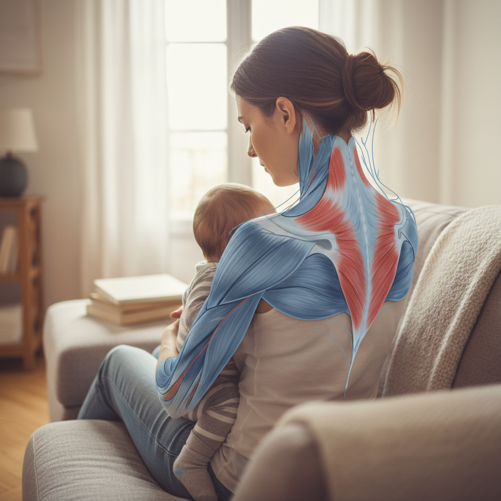 Illustration réaliste sur Le muscle trapèze, un allié contre les douleurs cervicales des mamans