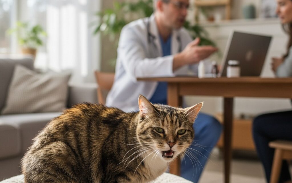 Chat montrant des signes de coryza dans un cadre domestique, soulignant l'importance des soins vétérinaires.