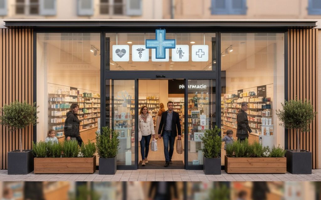 Pharmacie moderne à Antibes avec clients et services de santé visibles.